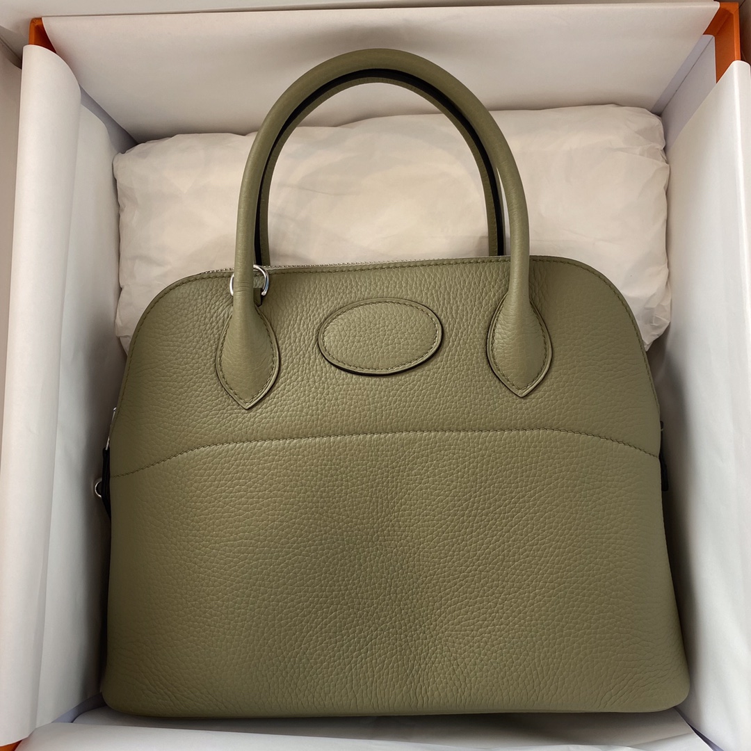 Hermes Bolide 27cm Handbag In Khaki Clemence Leather